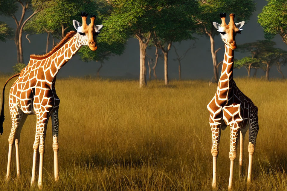 Two giraffes in savannah with tall grass and trees, one facing camera.