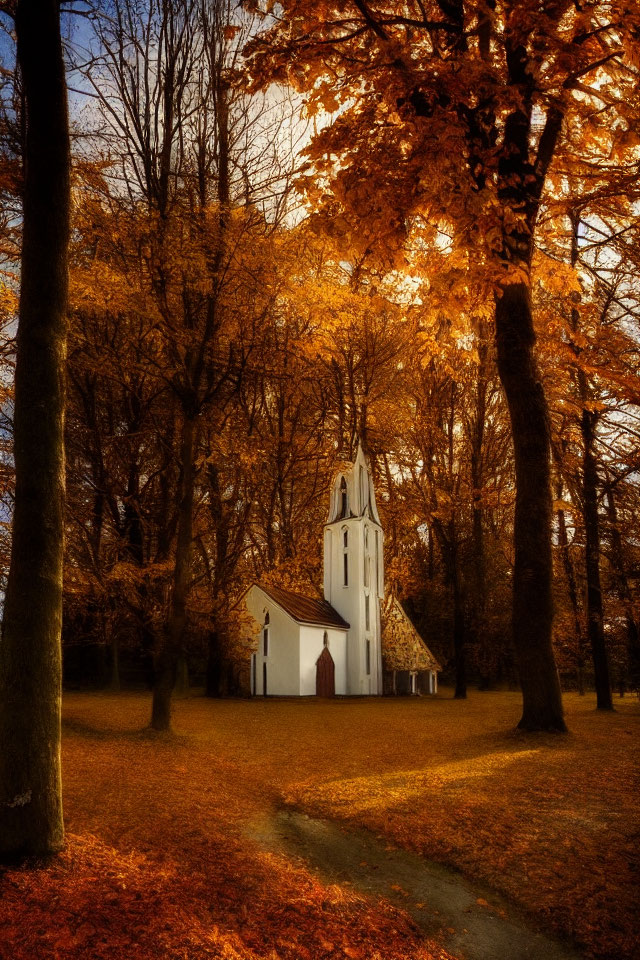 White Church with Pointed Steeple Among Autumn Trees in Sunlight