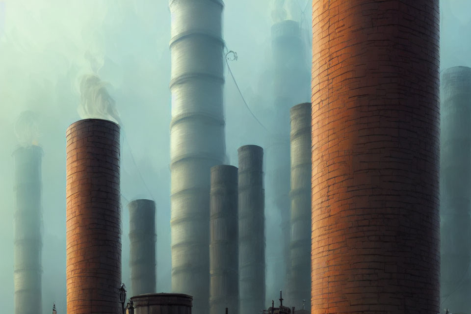 Industrial chimneys emitting smoke against hazy sky with brick textures and climbing plants.