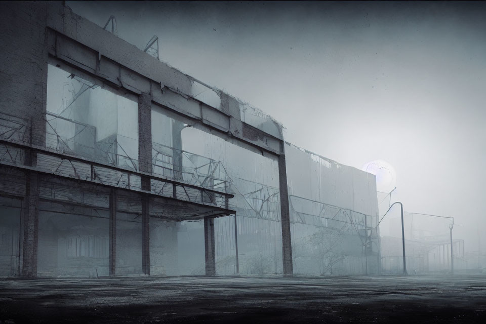 Desolate urban landscape with dilapidated structures under hazy sky