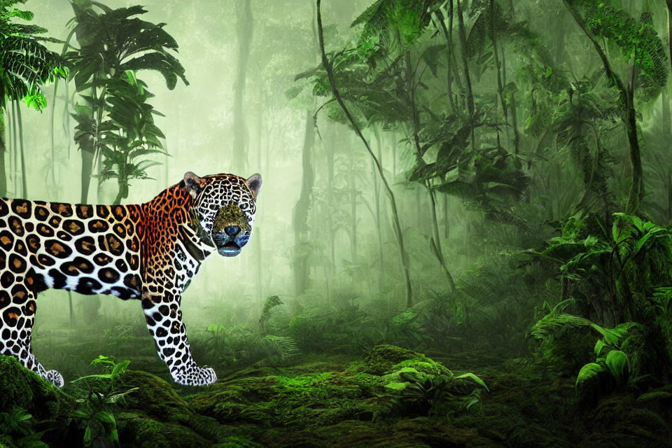 Jaguar in Dense Green Jungle with Sunlight Filtering