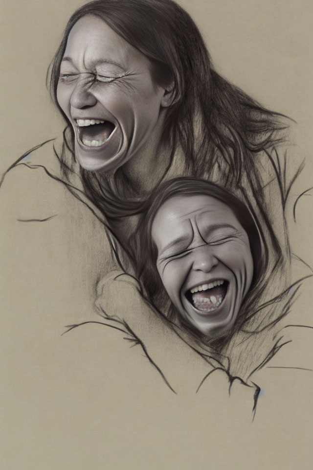 Dual pencil sketch portraits of a joyous woman on toned paper with dynamic lines.