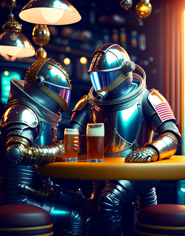 Futuristic astronauts socializing in neon-lit bar