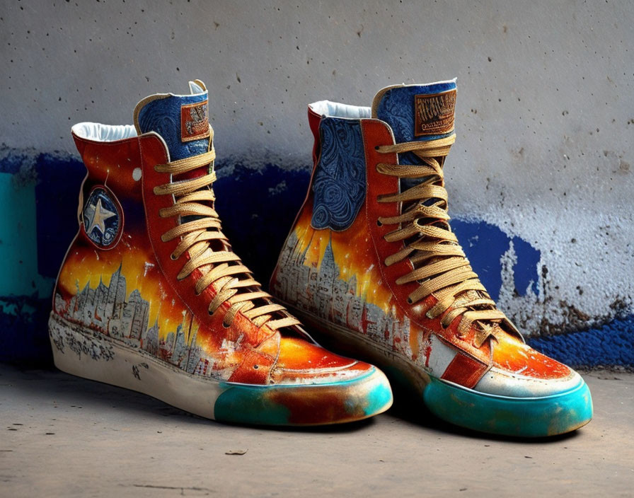 Colorful High-Top Sneakers with Cityscape and Sunset Designs on Blue Textured Wall