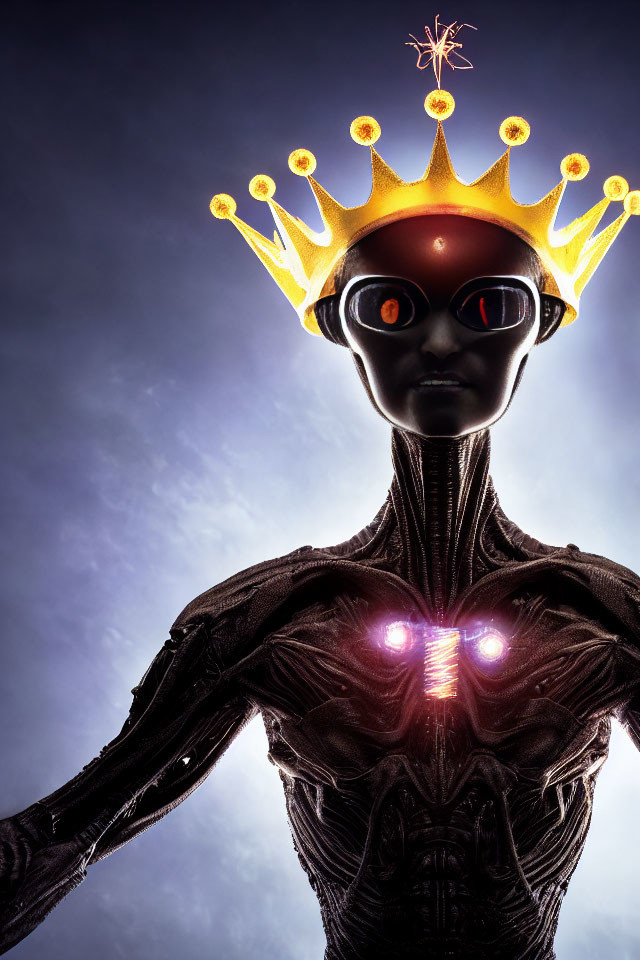 Stylized figure with crown and glowing red eyes in dramatic sky.