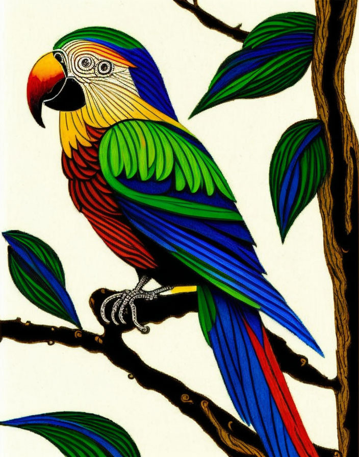 Colorful Parrot Perched on Branch with Green Leaves on Cream Background