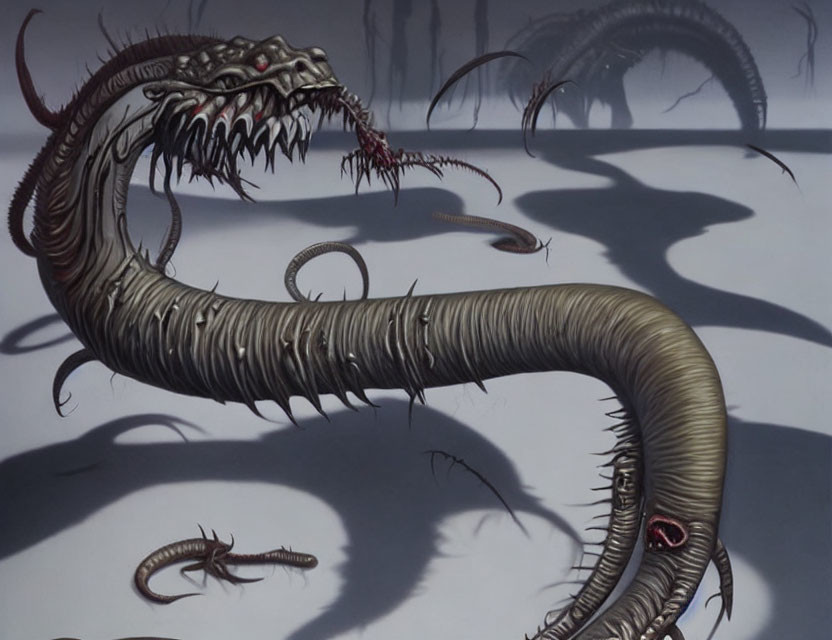 Detailed artwork of monstrous serpent-like creature with sharp teeth, red eyes, segmented body, casting shadow on