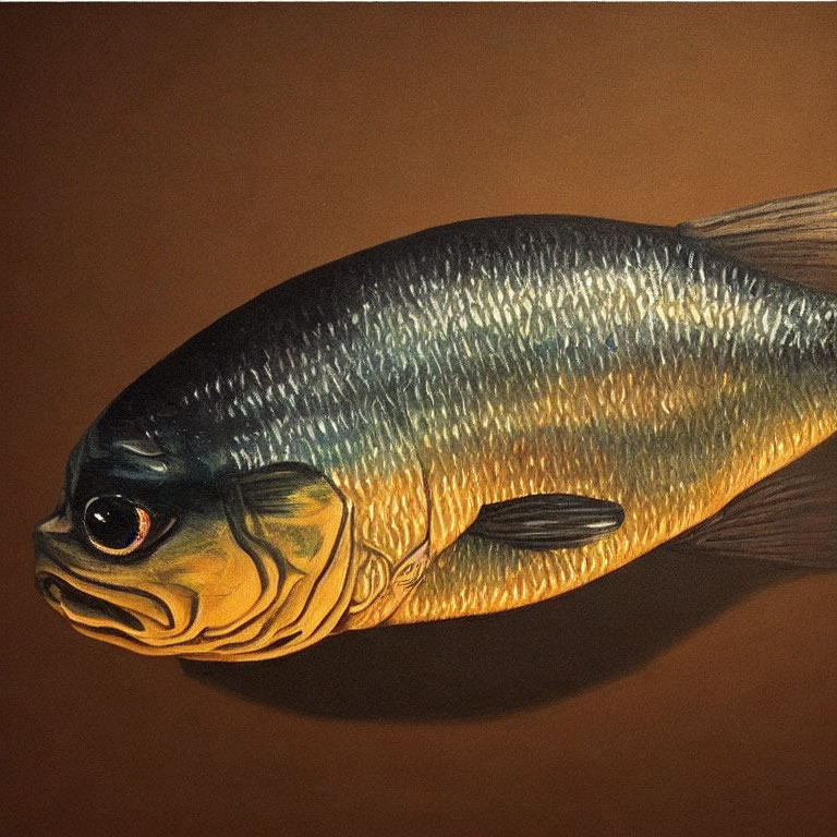 Realistic Fish Painting with Gold, Green, and Black Scales on Brown Background