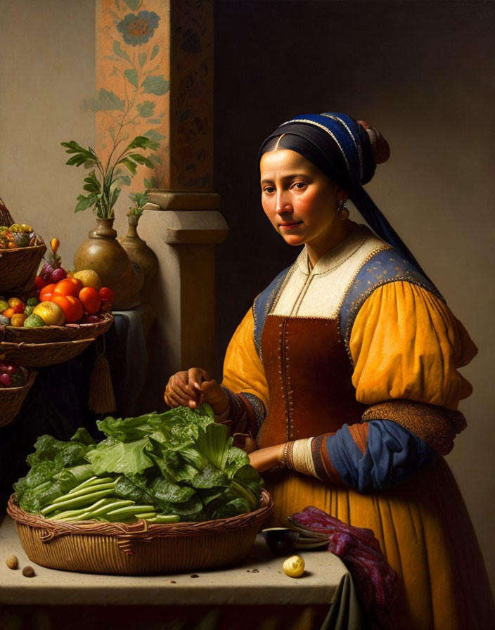 Traditional dress woman with fresh vegetables in classic painting style