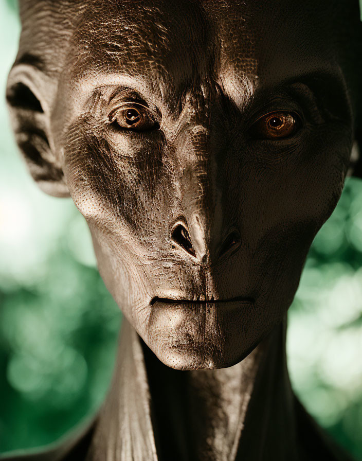 Bronze-like humanoid figure with deep set eyes on green background