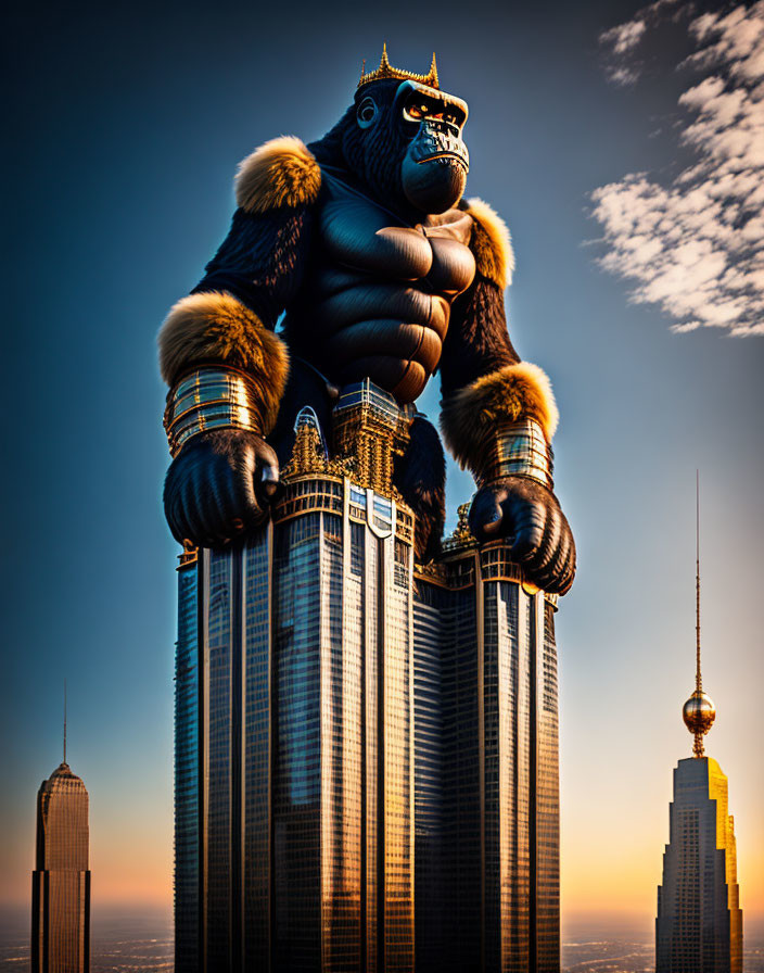 Digital artwork: Giant gorilla on skyscrapers at sunset in cityscape.