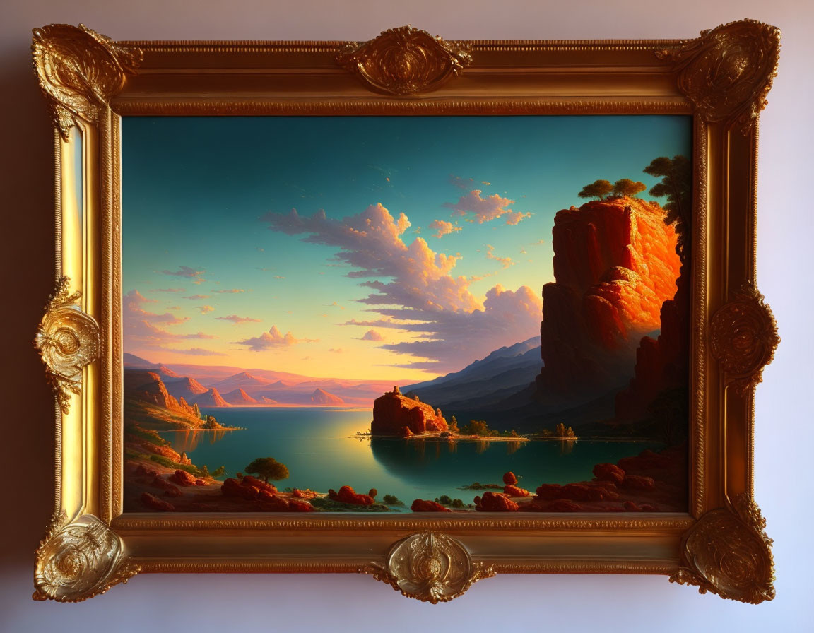 Golden frame landscape painting: Tranquil lake, cliffs, vibrant sunset