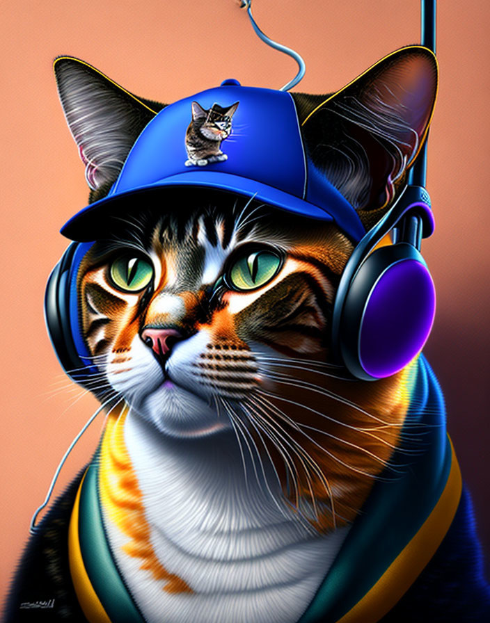 Vibrant cat illustration with baseball cap and headphones on orange background