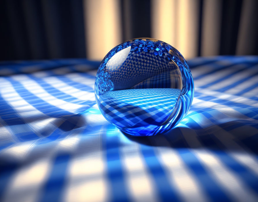 Transparent glass sphere on blue and white checkered surface with striped curtains reflection