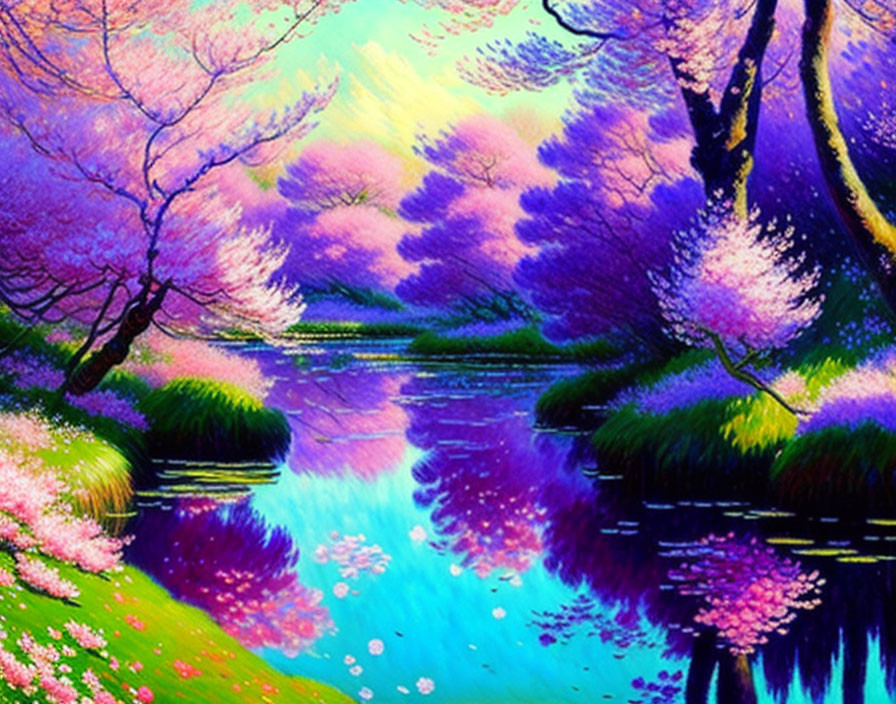 Serene river with cherry blossom trees in vibrant colors