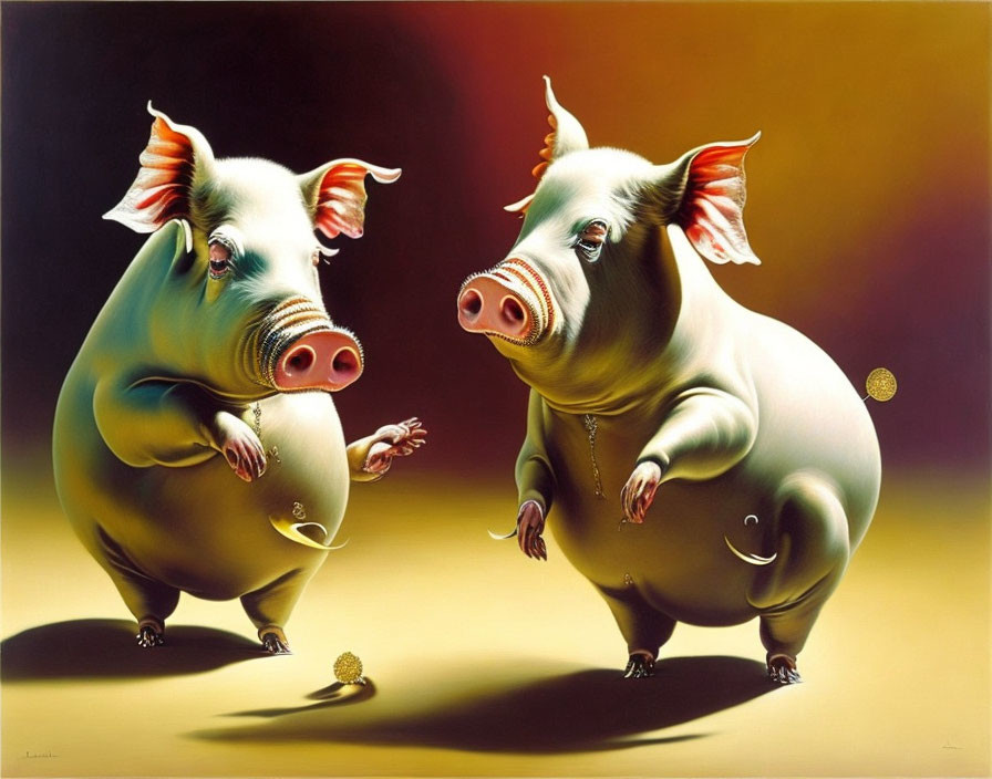 Surreal painting of anthropomorphic pigs with horns playing with light ball