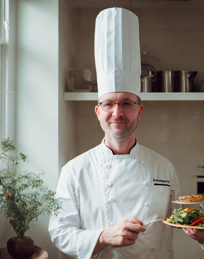 Chef in white hat and coat presenting dish in kitchen with shelves and plants