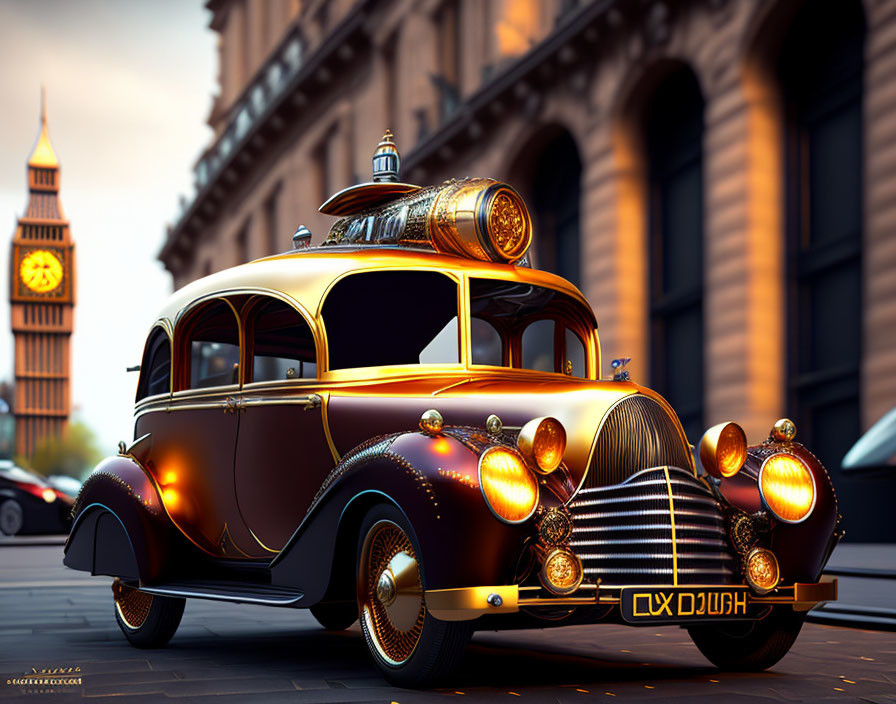 Vintage-style steampunk car with custom details in urban setting with Big Ben.