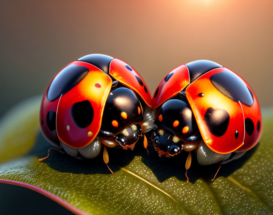 Two ladybugs on leaf with dewdrops in warm soft-focus background