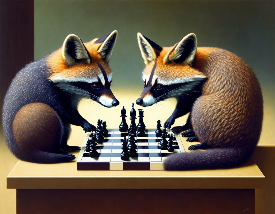 Foxes playing chess in intense concentration