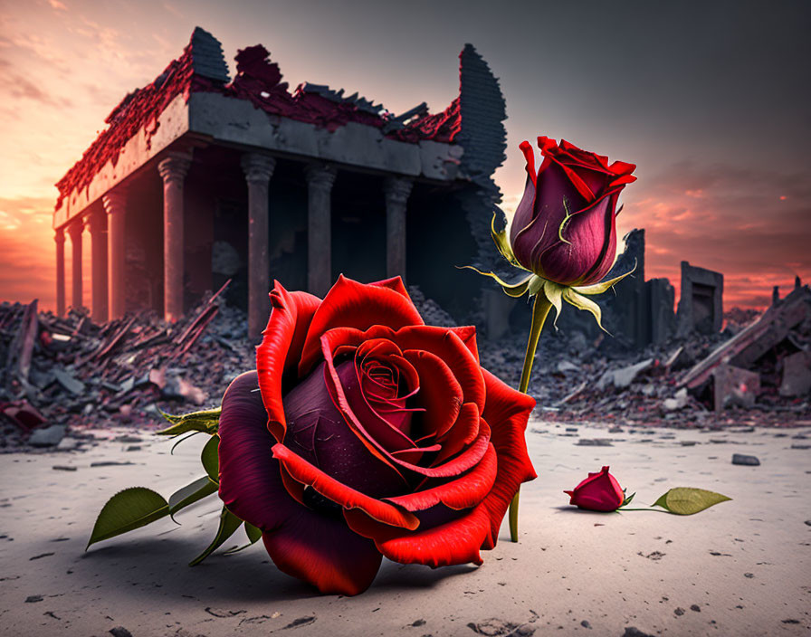 Red roses against ancient temple ruins under dramatic sunset sky