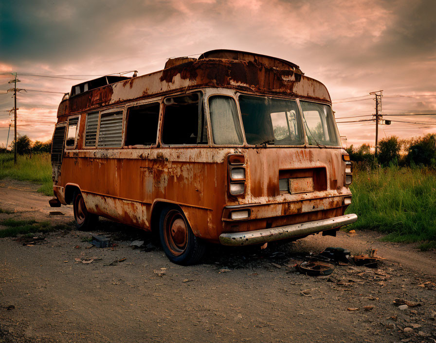 Abandoned rusty bus on desolate road at dusk