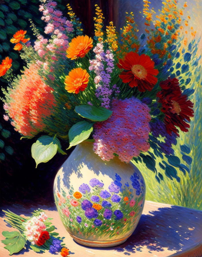 Colorful Bouquet of Flowers in Vase Painting with Sunlight on Dark Background