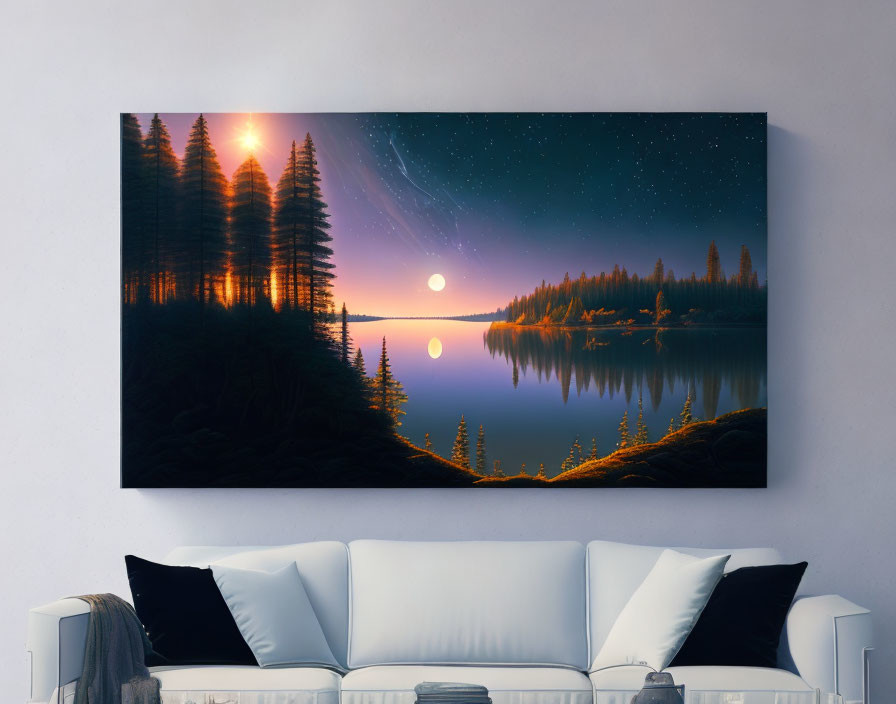 Tranquil night scene canvas of serene lake and forest silhouette