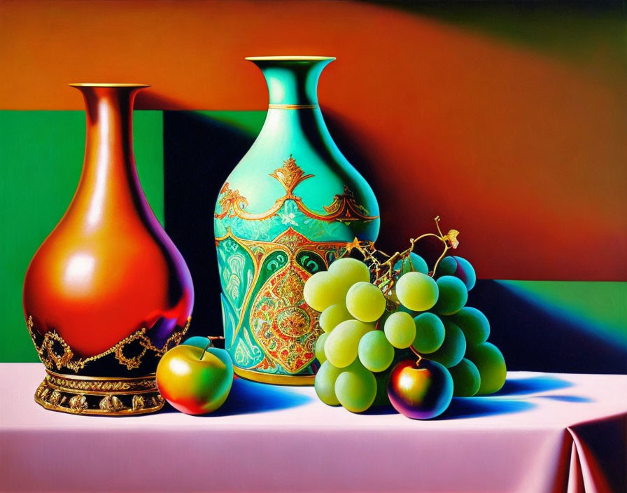 Ornate vases and fruits on draped table against colorful backdrop