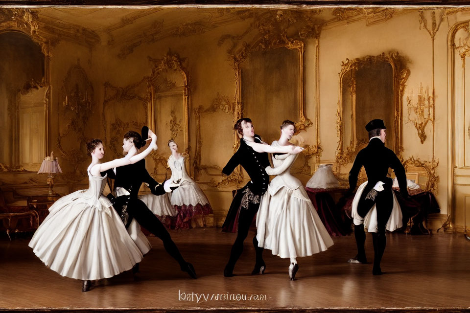 Historical dancers in formal attire perform in ornate ballroom