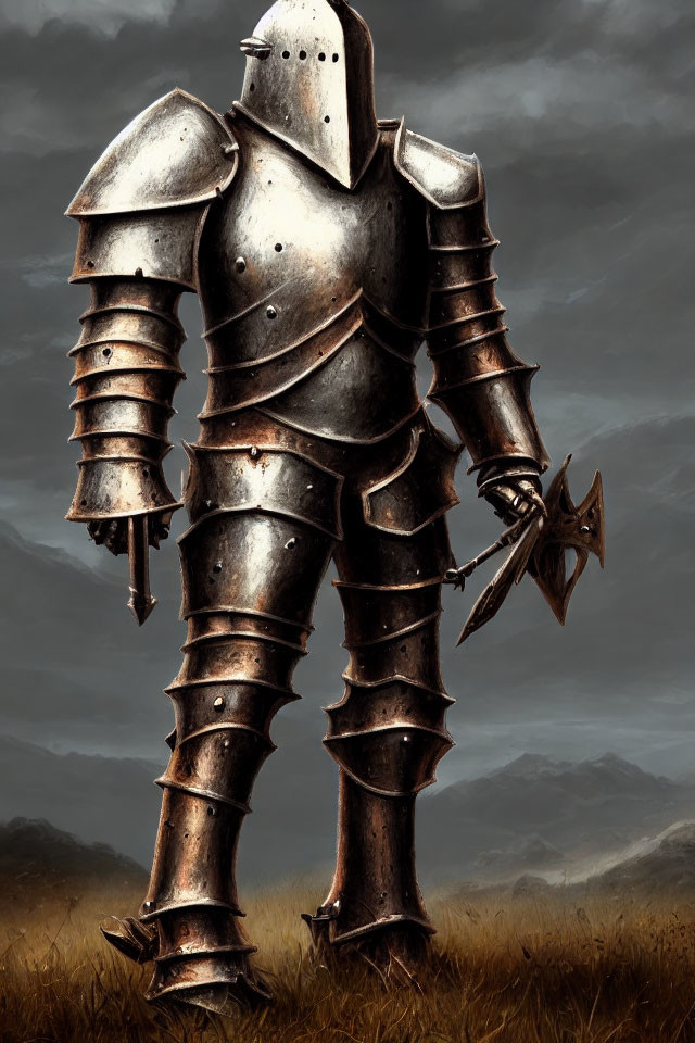 Medieval knight in full plate armor with flanged mace in brooding landscape