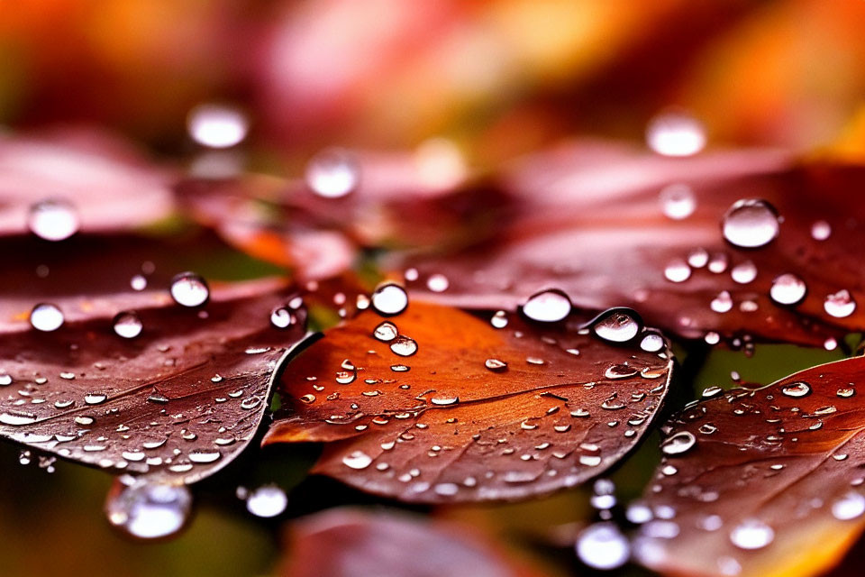 Shiny Water Droplets on Reddish-Brown Autumn Leaves