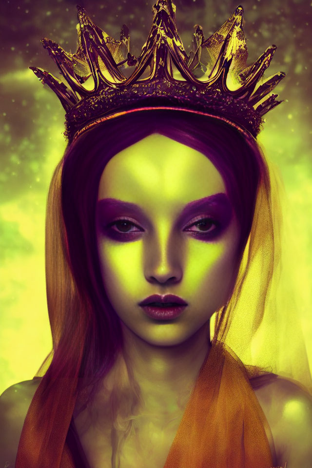 Portrait of person with golden crown, purple hair, yellow veil, vibrant makeup on mystical green and yellow