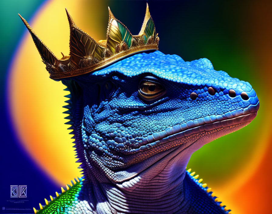 Colorful Blue-Scaled Lizard with Golden Crown on Rainbow Background