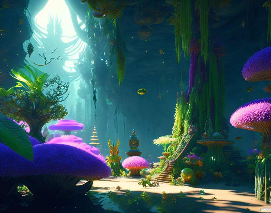 Enchanting forest scene with glowing purple mushrooms, serene lake, and meditating figure