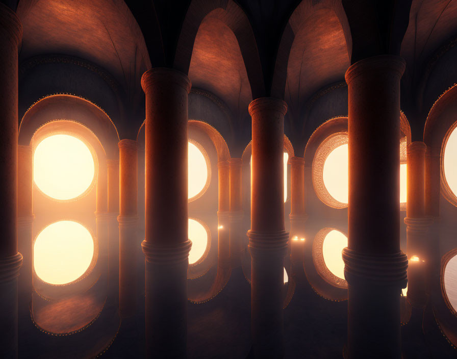 Symmetrical arches and pillars in an underground vault with warm, ethereal lighting reflected on water surface