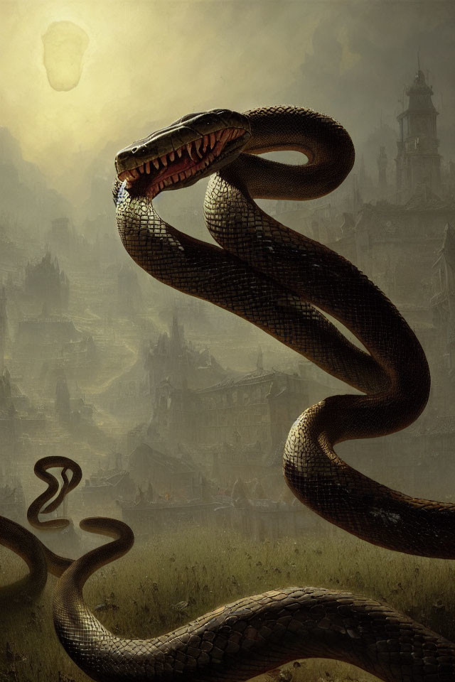 Gothic landscape with colossal snake and ancient city eclipse