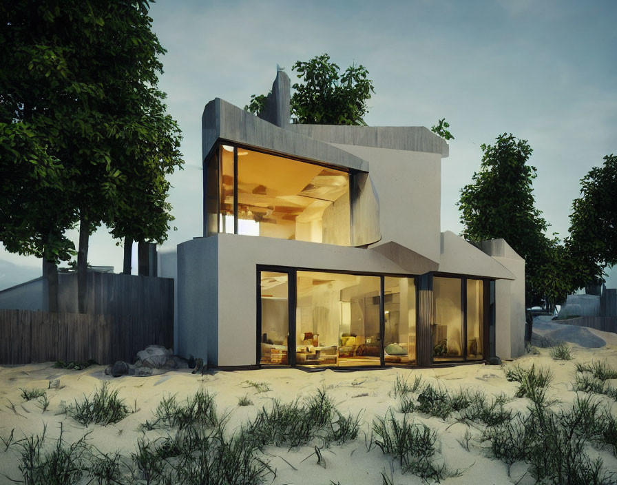 Contemporary beach house with expansive glass windows and concrete design in twilight setting.