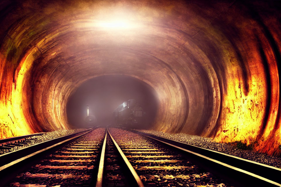 Glowing circular tunnel with train emerging and railroad tracks.