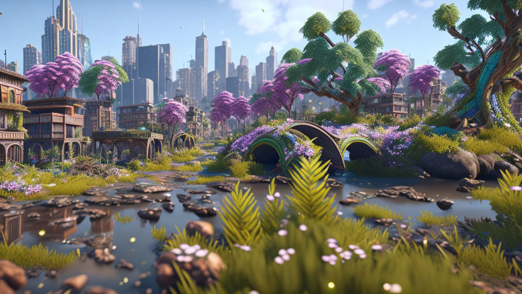 Futuristic cityscape with green parks, purple trees, and river bridges