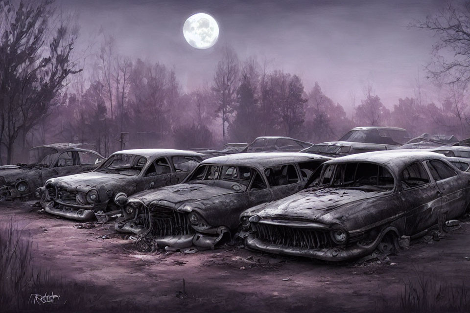 Desolate full moon abandoned car graveyard scene