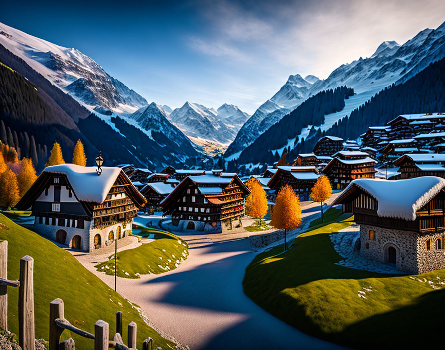 Snow-capped mountain village with traditional houses and autumn trees