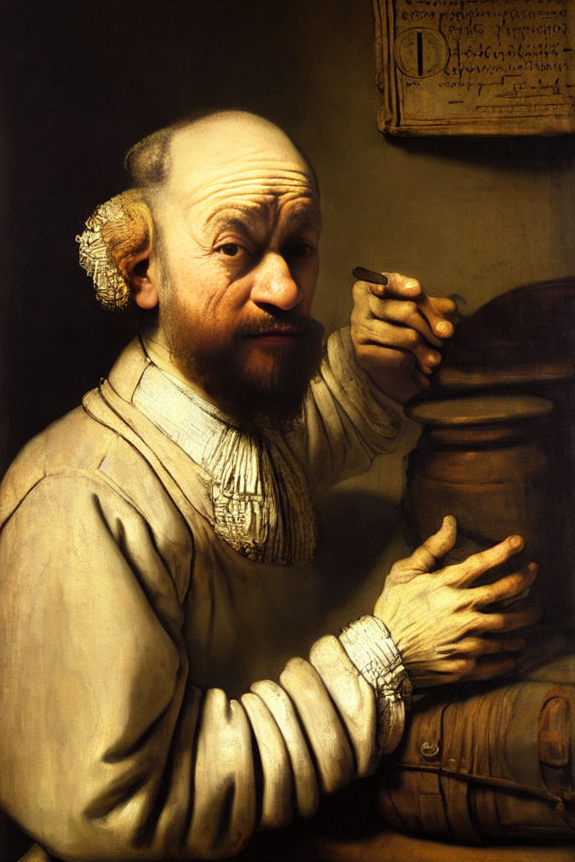 Portrait of balding man with mustache holding quill and jar in white collar.