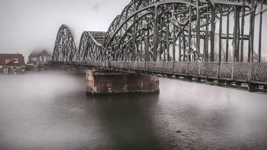 Misty scene with old metal bridge and red-roofed building