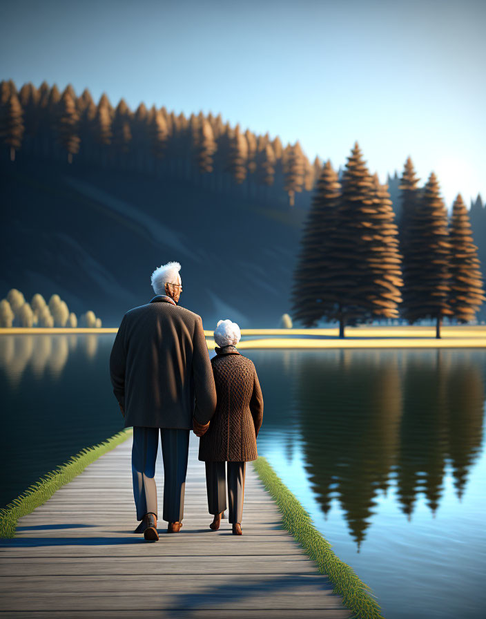 Serene lakeside pier with elderly couple at sunset