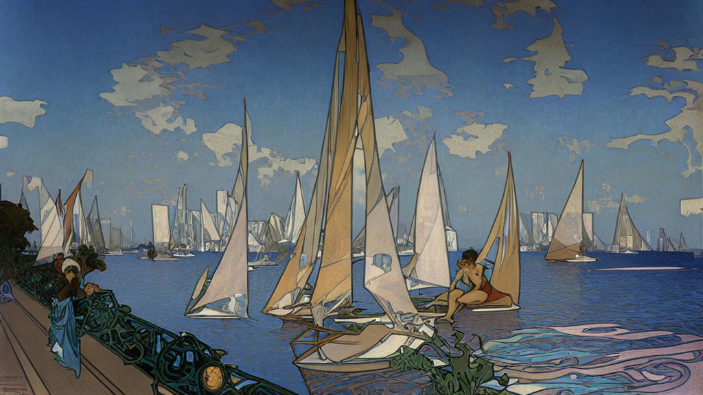 Stylized Art Nouveau seascape with sailboats and lounging couple