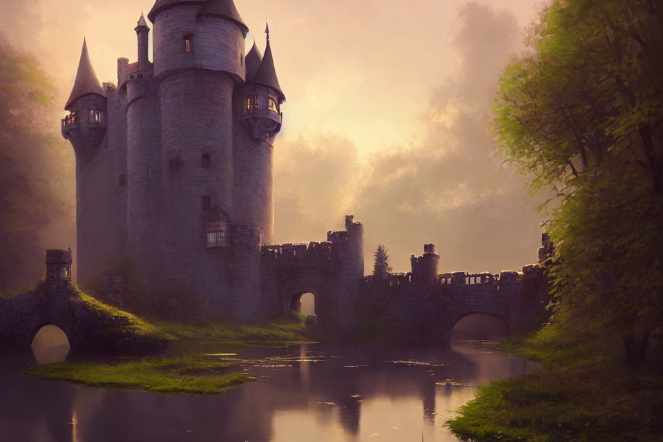 Majestic castle surrounded by river and greenery in warm light