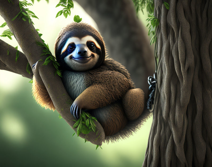 Smiling sloth with human-like eyes on tree branch in lush forest