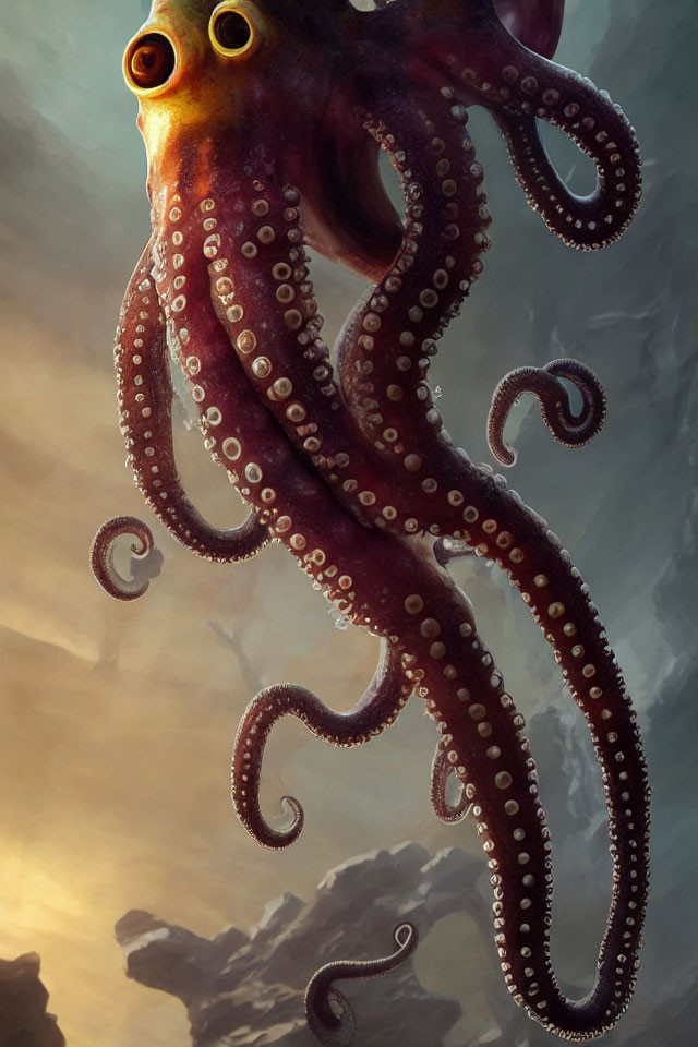 Realistic digital illustration of large octopus in water with detailed tentacles