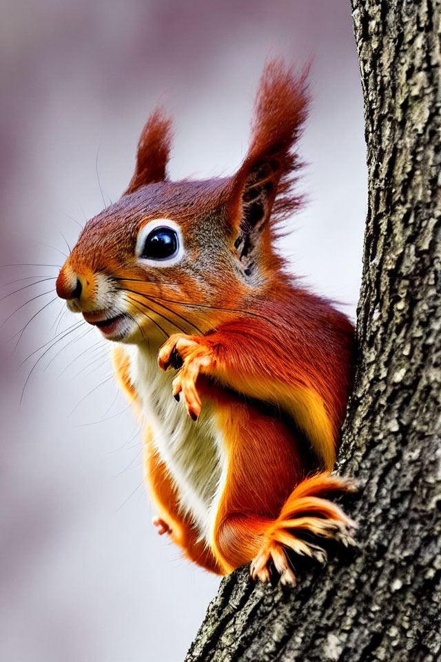 Fluffy-eared red squirrel on tree, alert gaze